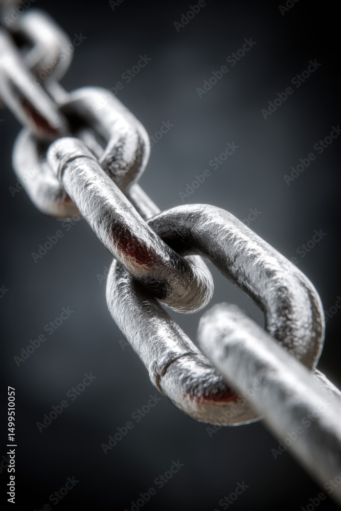Poster macro of silver metal chain links interlocked showing strength and connection on dark background clo