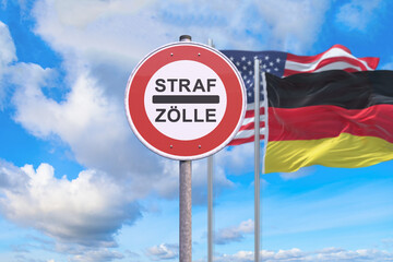 Verkehrszeichen - Verbot - Strafzölle - Fahne - USA - Deutschland