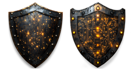 Two metallic shields displaying glowing circuit patterns on a transparent  background