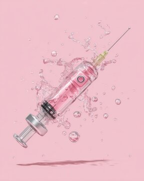 Syringe with pink liquid and water splash floating on pink background studio shot for medical or beauty concept