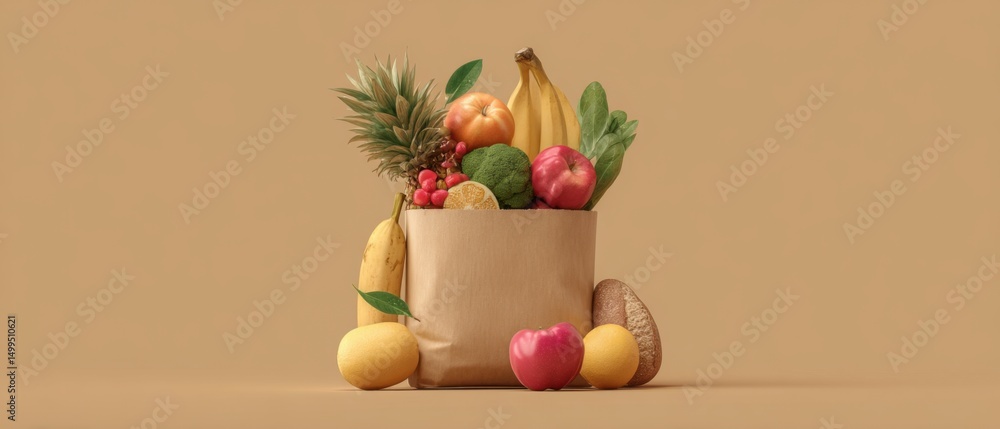 Aufkleber still life of paper bag filled with fresh fruits and vegetables in studio setting with neutral backg