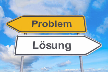 Fototapeta premium Wegweiser - Problem - Lösung - Himmel - Wolken