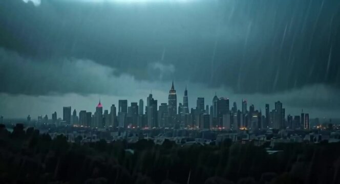 Dark Rainy Day Over Cityscape Silhouette with Moody Skyline