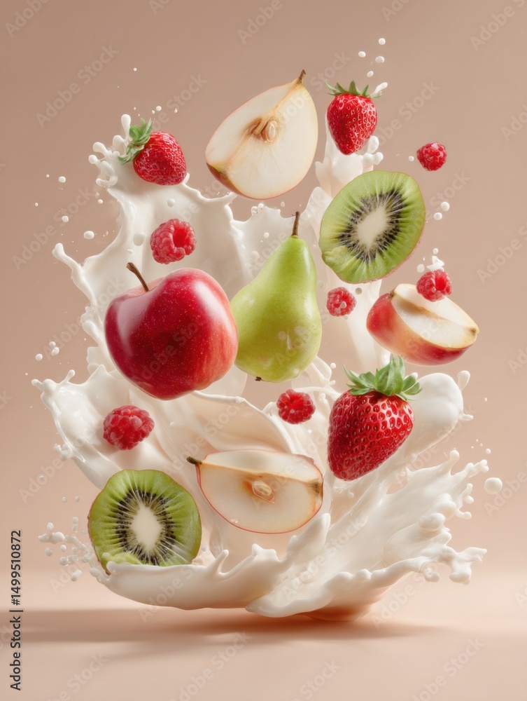 Poster assorted fruits splash in milk still life high angle close up apple pear kiwi strawberry raspberry b