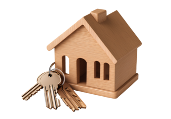 Keys with a house-shaped keychain, isolated on a transparent background. Cutout PNG file, PNG format.