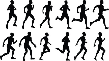 Men running silhouette set on white background, collection of human running various position vector
