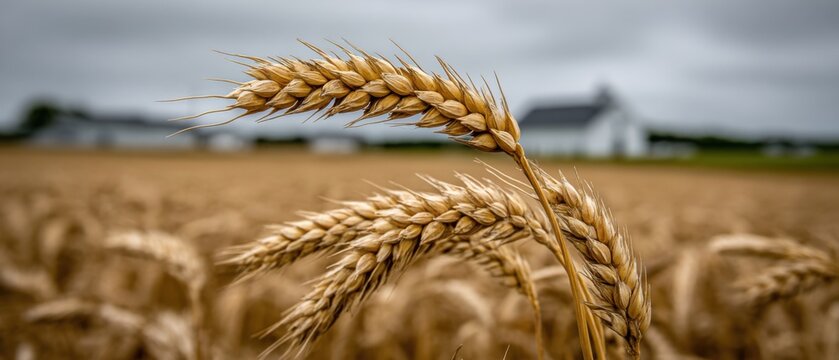 Golden wheat stalks in a field under an overcast sky close up shot agriculture farm rural scene grain crop harvest season farmland