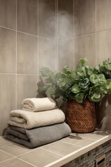 Stack of Soft Towels with Eucalyptus in Modern Bathroom Interior Still Life Neutral Tones Spa Aesthetic