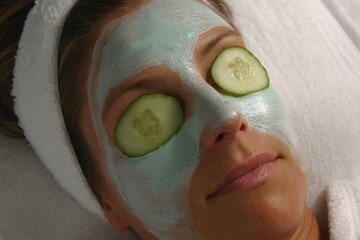 Woman relaxing with facial mask and cucumber slices over eyes in spa low angle view