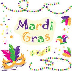 Print Colorful Mardi Gras vector illustration with carnival mask, beads, jester hat, feathers, and festive music notes clipart © Olia