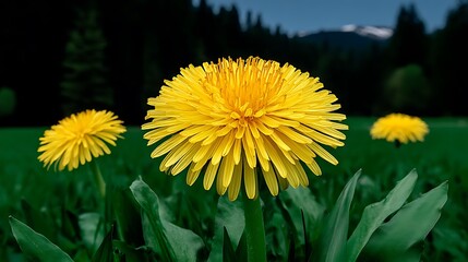Naklejka premium Mountain Meadow Dandelions Vibrant Yellow Blooms.