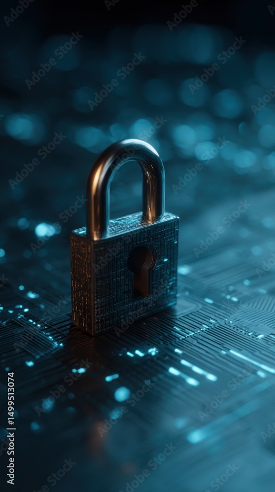 Poster padlock on circuit board security concept close up digital technology cybersecurity data protection 