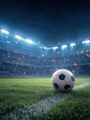 Fototapeta premium Soccer ball on field at night stadium low angle action sports background concept for championship game competition match