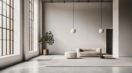 Minimalist loft with oversized decorative lighting, sculptural furniture, and seamless openplan interiors