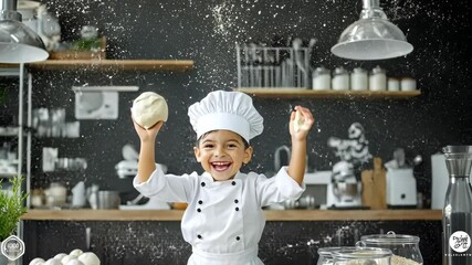 Junior Chef's Culinary Joy: A young, aspiring chef radiates pure glee as they toss flour into the air, embodying the playful spirit and delight of culinary creativity and cooking experience.