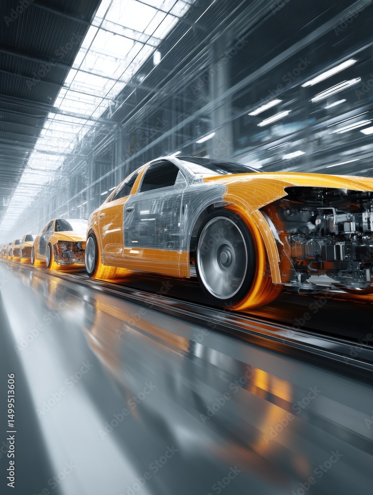 Poster automotive assembly line with cars in production motion blur angle on tracks in factory with bright 
