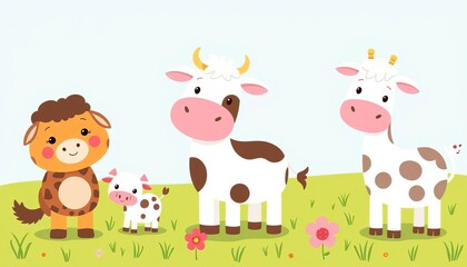 Cute doodle farm animals; playful vector illustrations for kids' design,  image,  graphic