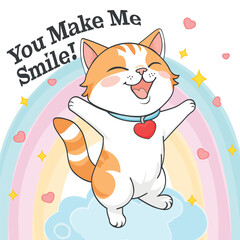 Cute chibi cat with heart collar rainbow and You Make Me Smile text kawaii illustration