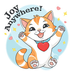 Cute chibi cat with heart collar and Joy Anywhere text kawaii animal illustration