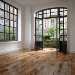 Interior room with wooden floor, open doors to patio, natural light, black framed windows, white walls, modern design