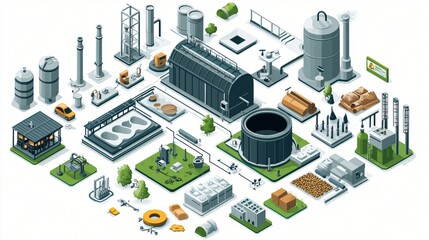 isometric vector illustration of a biodigester system, food scraps entering tank, gas production and electricity output, educational tone, simple arrows and icons