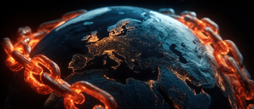 Earth in Chains Global Crisis Concept Close Up View of Europe and Middle East with City Lights and Glowing Chain