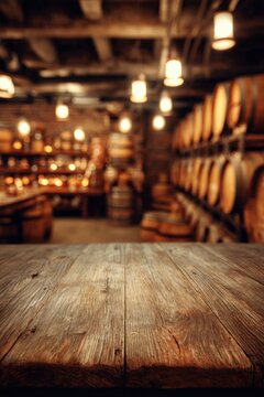 Rustic Wood Table Surface with Blurred Wine Cellar Background for Product Display or Mockup Vintage Style