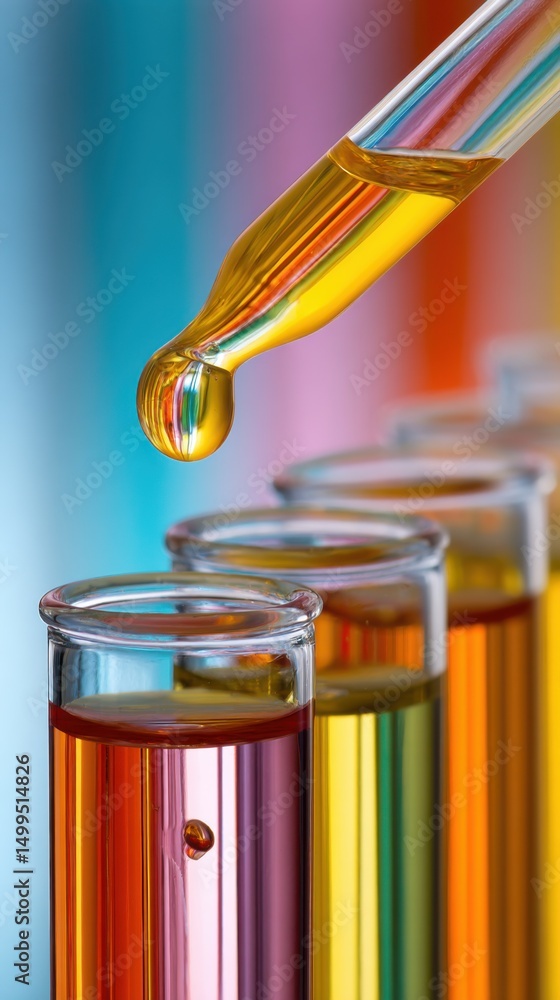 Poster pipette dripping liquid into test tubes in laboratory experimentation macro shot science colorful ba