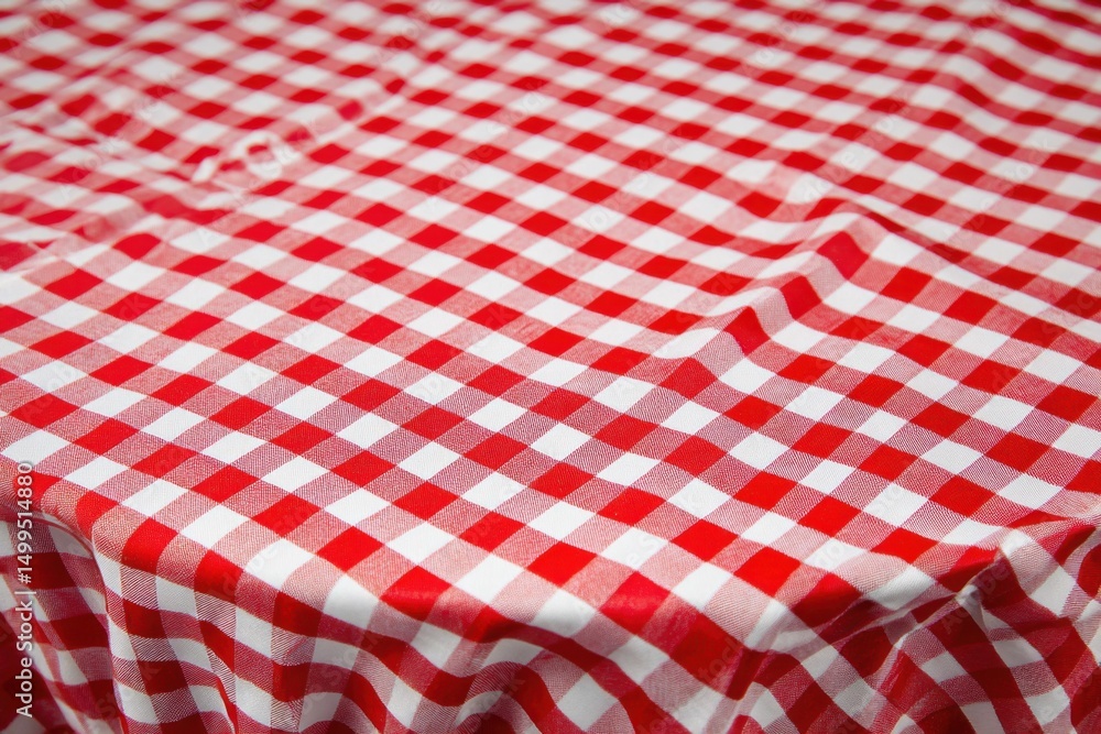 Poster classic red and white gingham tablecloth close up shot showing texture and folds for picnic or kitch