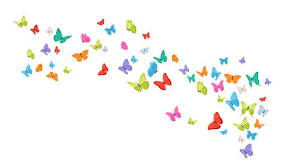Flying flock of butterflies. Colorful vector design element. Spring and summer insects for decor.
