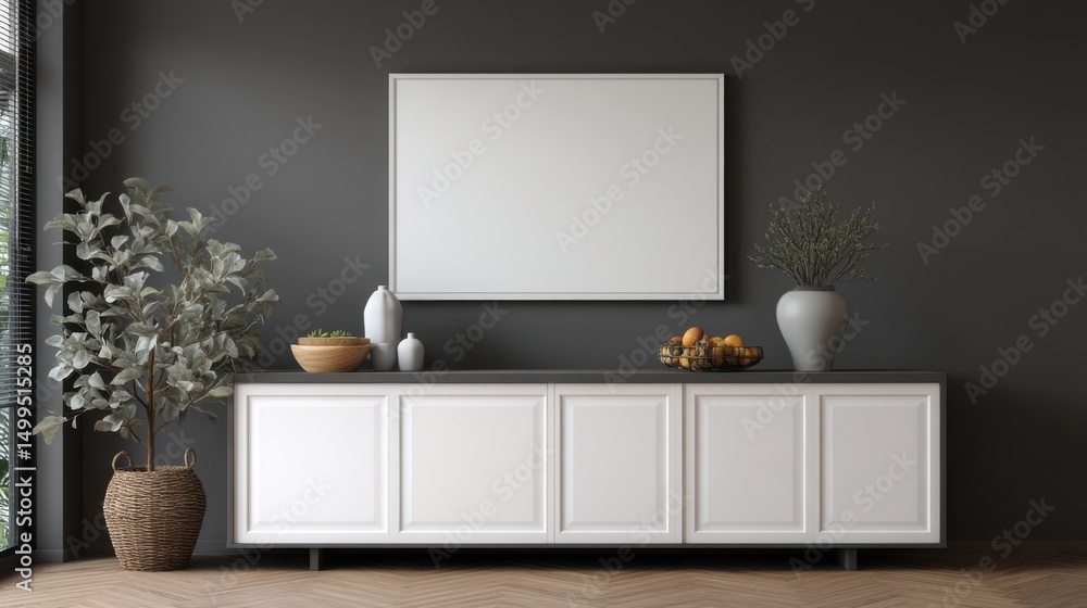 Aufkleber Interior design showcasing sideboard with decorative objects and blank frame in minimalist style home setting
