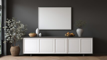 Interior design showcasing sideboard with decorative objects and blank frame in minimalist style home setting