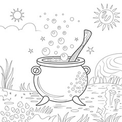 A black and white illustration of a witch's cauldron with bubbles and stars over a landscape