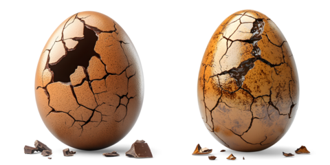 Two cracked chocolate easter eggs isolated on transparent background with chocolate pieces