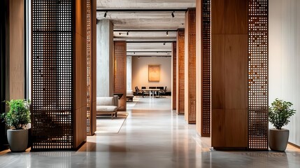 Luxury loftstyle office space with decorative metal mesh dividers, polished floors, and sculptural art features