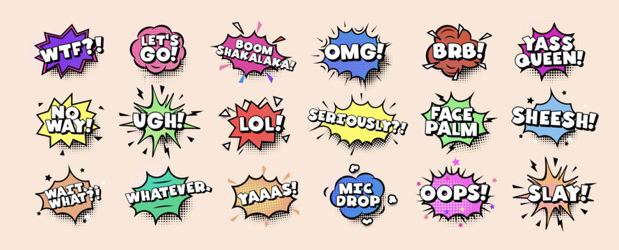 Comic speech bubbles with modern slang words and pop art style. Funny colorful retro expressions for memes, messages, emoji reactions, design stickers. Vector illustration.