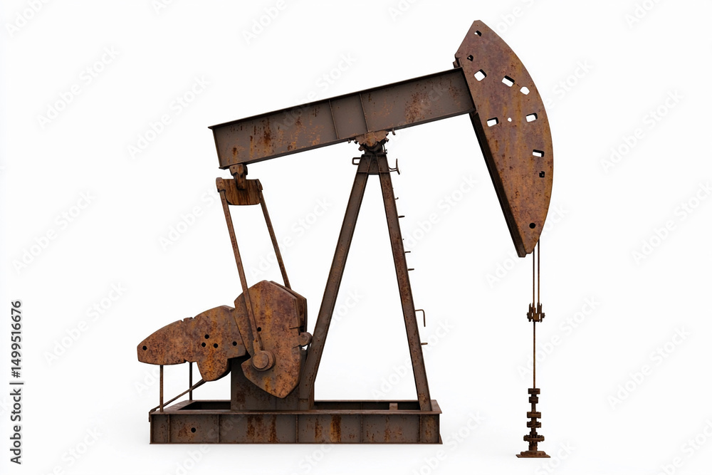 Poster rusty oil pumpjack stands alone on clean white background generative ai