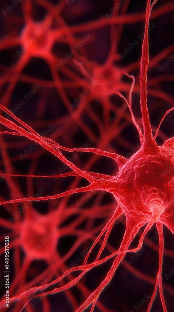 Poster red neuron network close up view neural connections brain cell activity microscopic detail scientifi