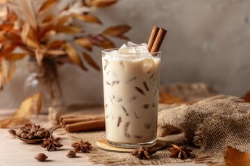 Iced chai latte with cinnamon sticks in glass on burlap with autumn leaves and spices still life