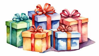 Colorful gift boxes wrapped with ribbons, arranged together, perfect for celebrations, holidays, or gift-giving themes emphasizing joy, surprise, and festivity.