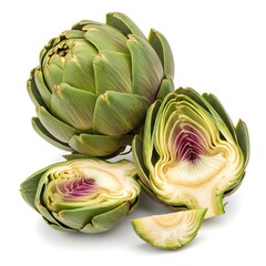 Fresh artichoke and two halves isolated on white background