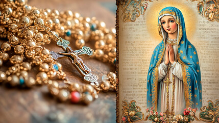 A golden rosary with a crucifix and an illustration of the virgin mary with hands clasped in prayer