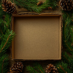Sustainable Christmas flat lay with recycled cardboard top-down view featuring fresh green pine needles pinecones warm natural light clean organic aesthetic perfect for eco friendly holiday messages.