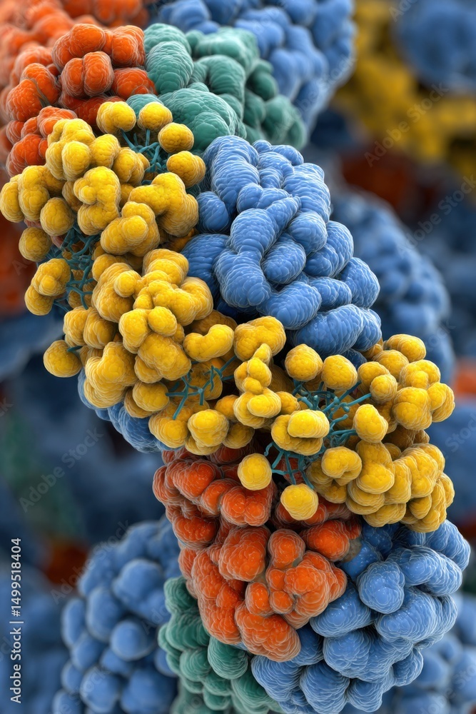Poster colorful molecular structure close up science concept microscopic view of complex proteins and compo