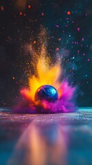 Fototapeta premium A colorful ball is exploding in a blue sky. The explosion is so bright and colorful that it almost looks like a fireworks display. The scene is full of energy and excitement
