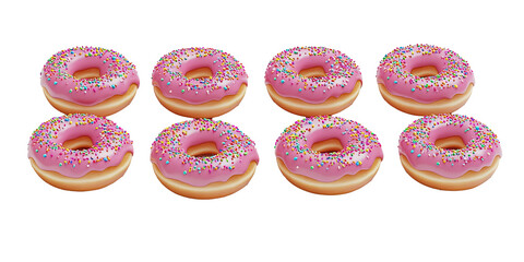 Collection of frosted pink donuts with rainbow sprinkles, sweet bakery treats  isolated on white transparent background