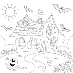 Black and white illustration of a spooky house with bats sun and ghost perfect for halloween coloring