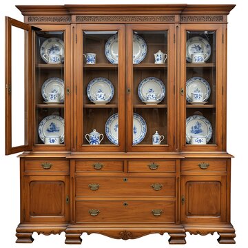 Antique wooden china cabinet displaying blue and white china isolated on white background
