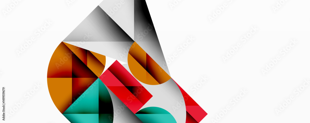 Poster abstract geometric shapes overlap, creating dynamic composition. colors include red, teal, orange, g