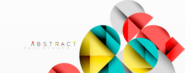 Modern abstract design features overlapping geometric shapes. Bright colors create dynamic visual effect. Clean white background enhances composition.